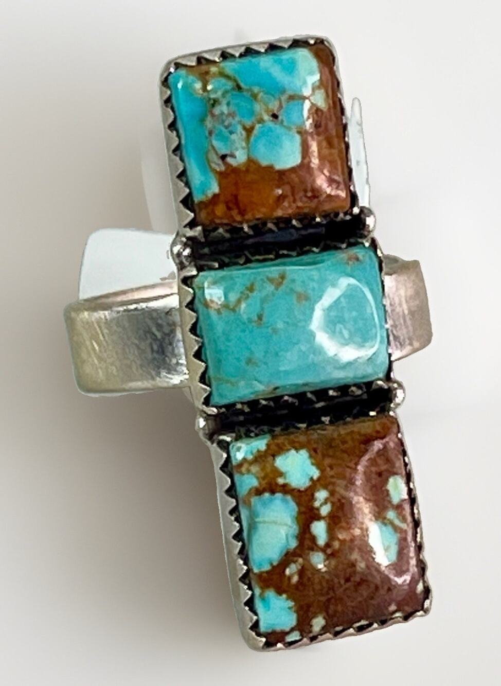 #8 Turquoise Sterling Silver Native Style Statement Ring Handmade 3 Stone Adj